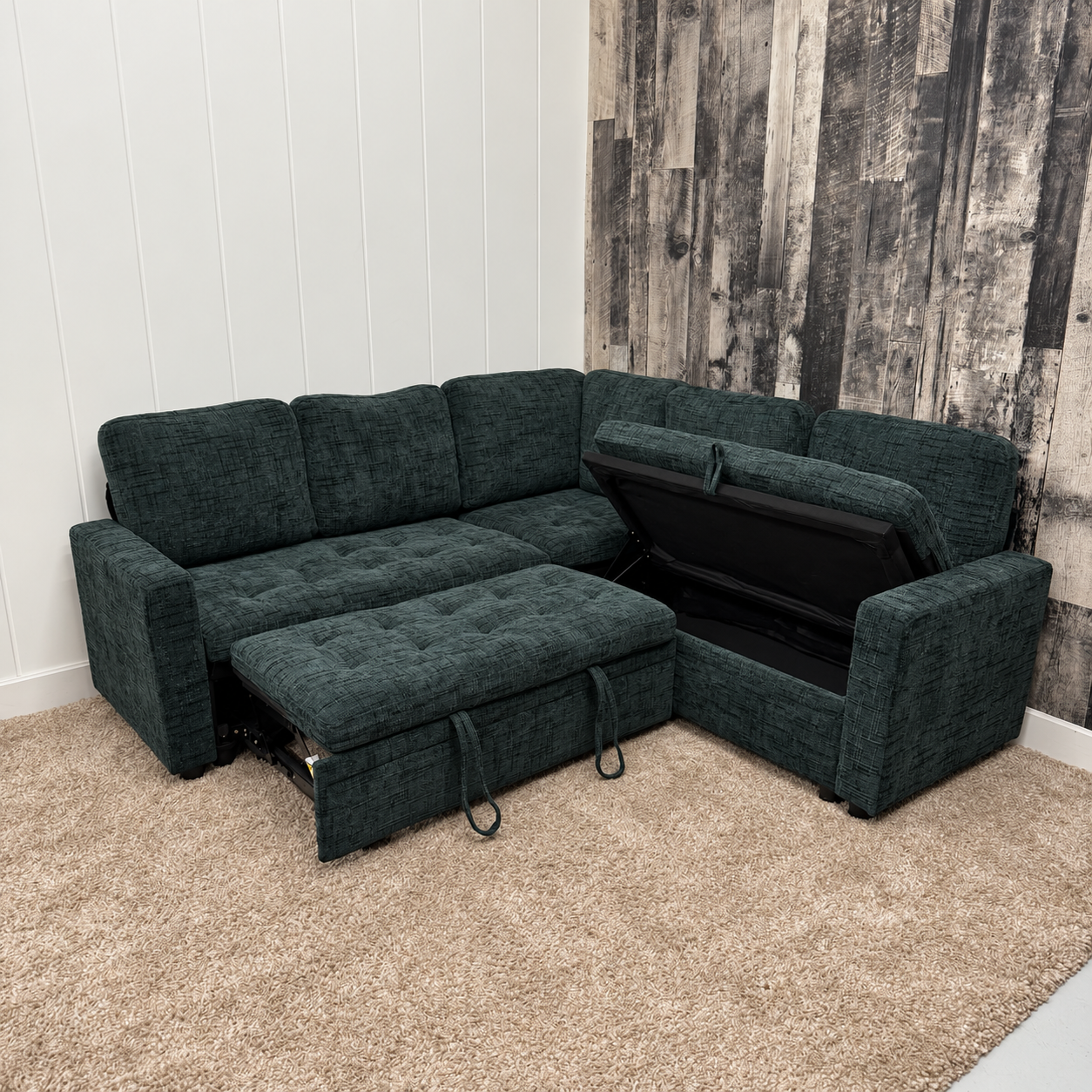 Forest Green V-Shaped Sleeper Sectional with Storage