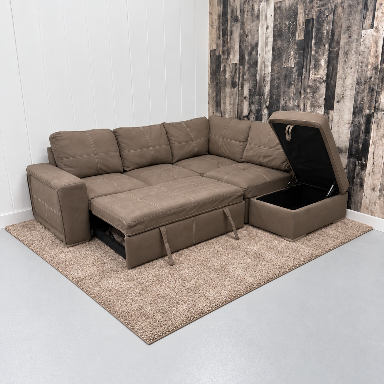 Brown Microsuede Sleeper Sectional with Storage Ottoman