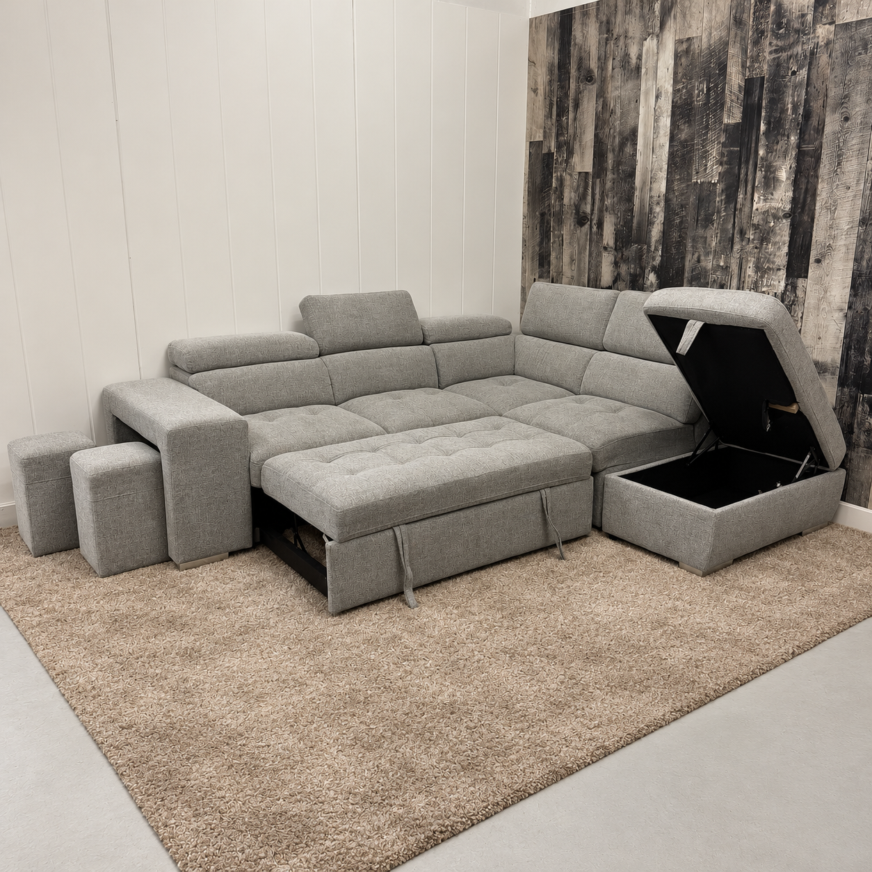 Light Grey Sleeper Sectional with Storage & Adjustable Headrests